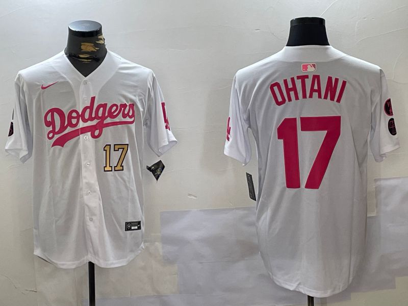 Men Los Angeles Dodgers #17 Ohtani White pink joint name 2024 Nike MLB Jersey style 10275->new york yankees->MLB Jersey